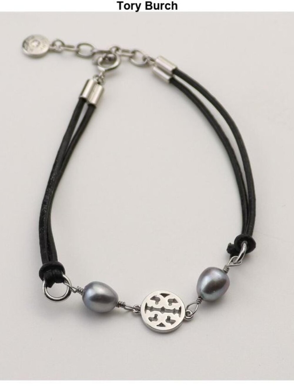 Tory Burch Black Leather & Gray Pearl Logo Bracelet